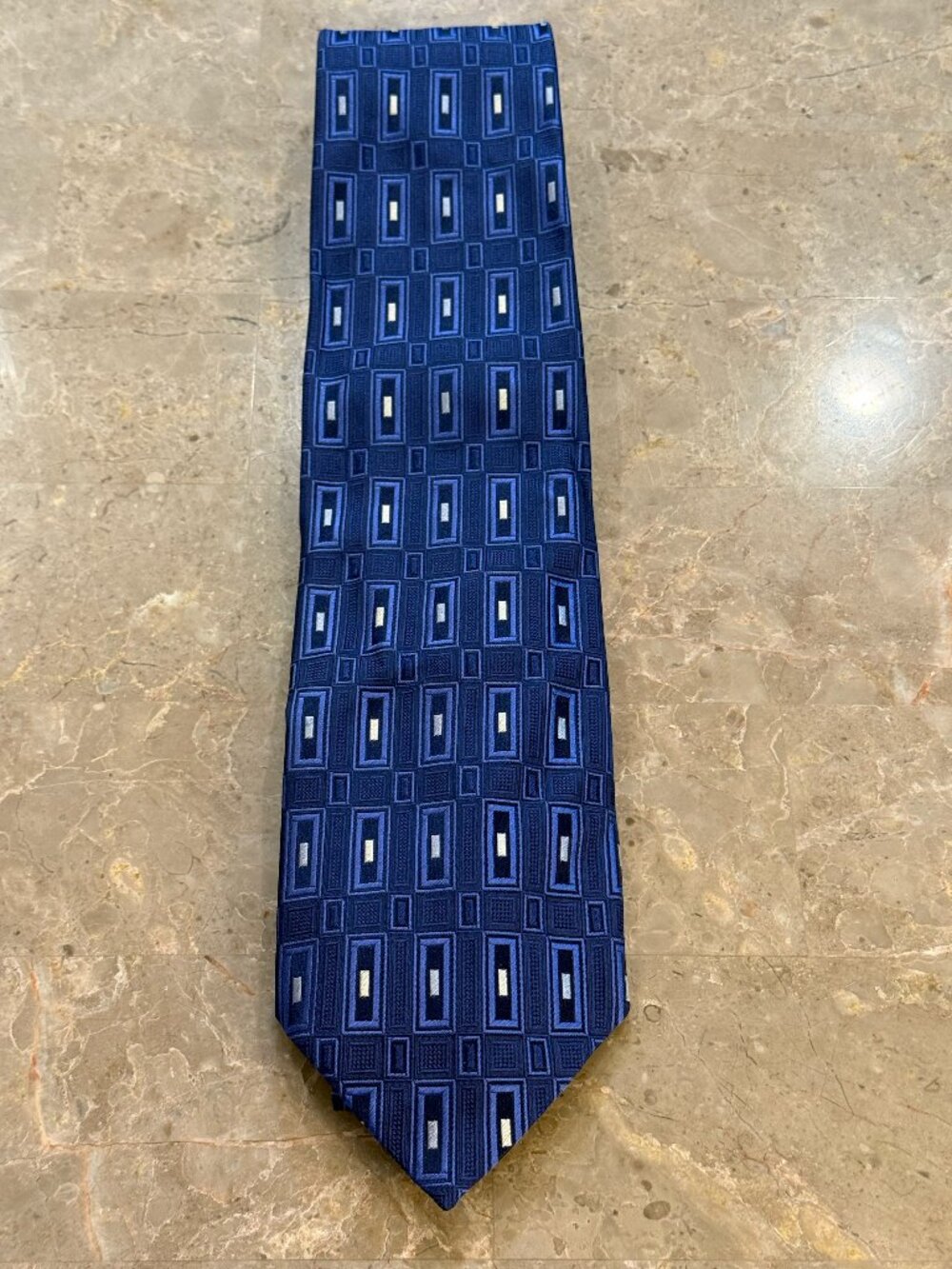Altea Milano Handmade 100% Silk Tie Navy Blue Silver Geometric Made in Italy